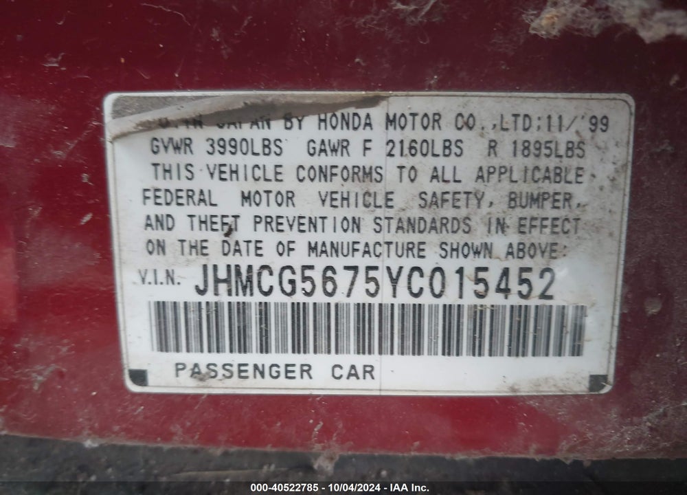2000 HONDA ACCORD 2.3 SE VIN: JHMCG5675YC015452