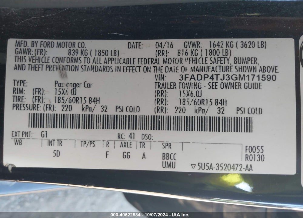 2016 FORD FIESTA S VIN: 3FADP4TJ3GM171590