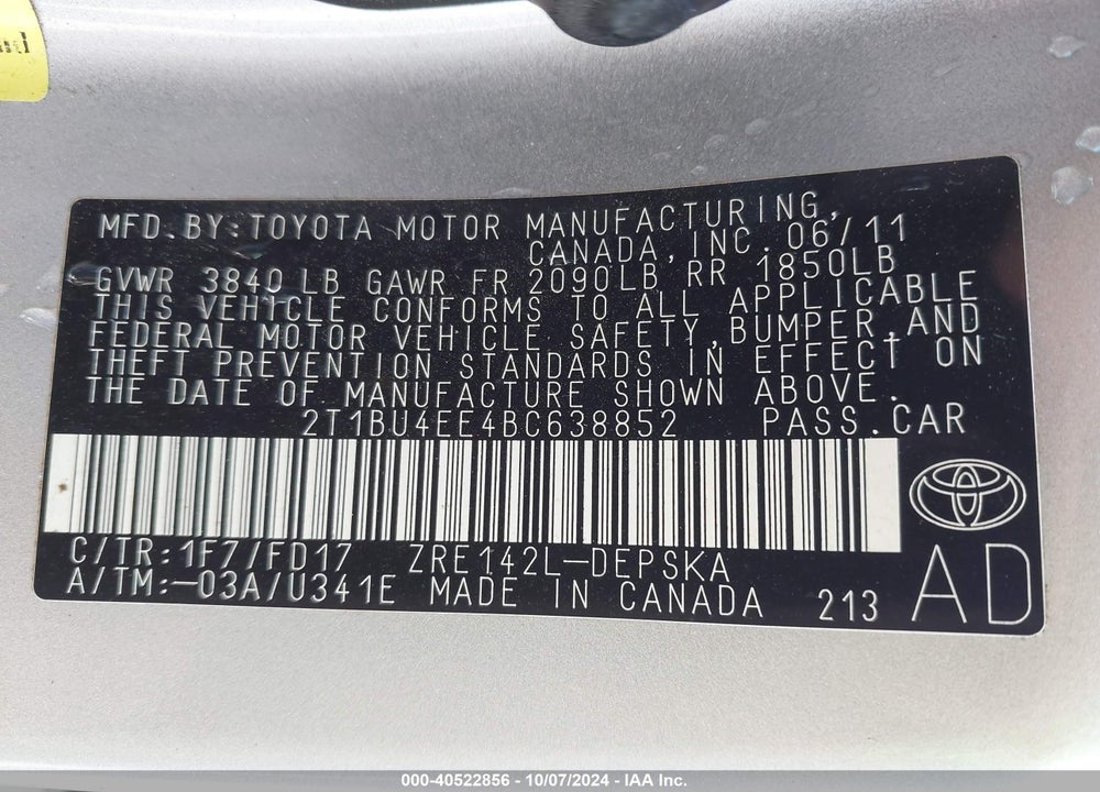 2011 TOYOTA COROLLA S VIN: 2T1BU4EE4BC638852