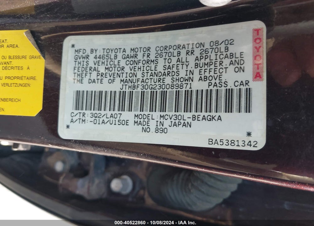 2003 LEXUS ES 300 VIN: JTHBF30G230089871