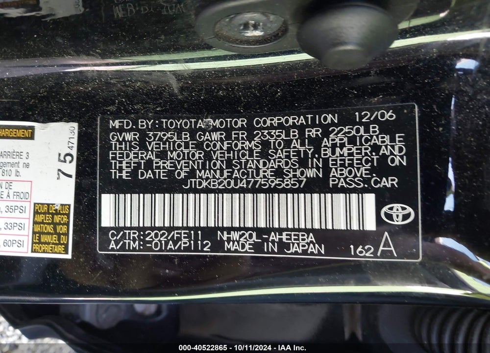 2007 TOYOTA PRIUS VIN: JTDKB20U477595857