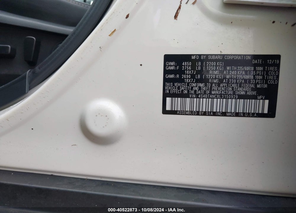 2020 SUBARU OUTBACK LIMITED VIN: 4S4BTANC8L3150929