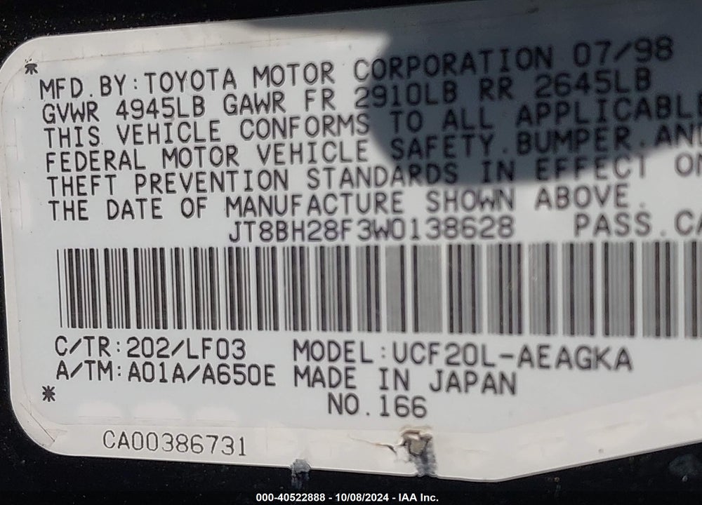 1998 LEXUS LS 400 VIN: JT8BH28F3W0138628
