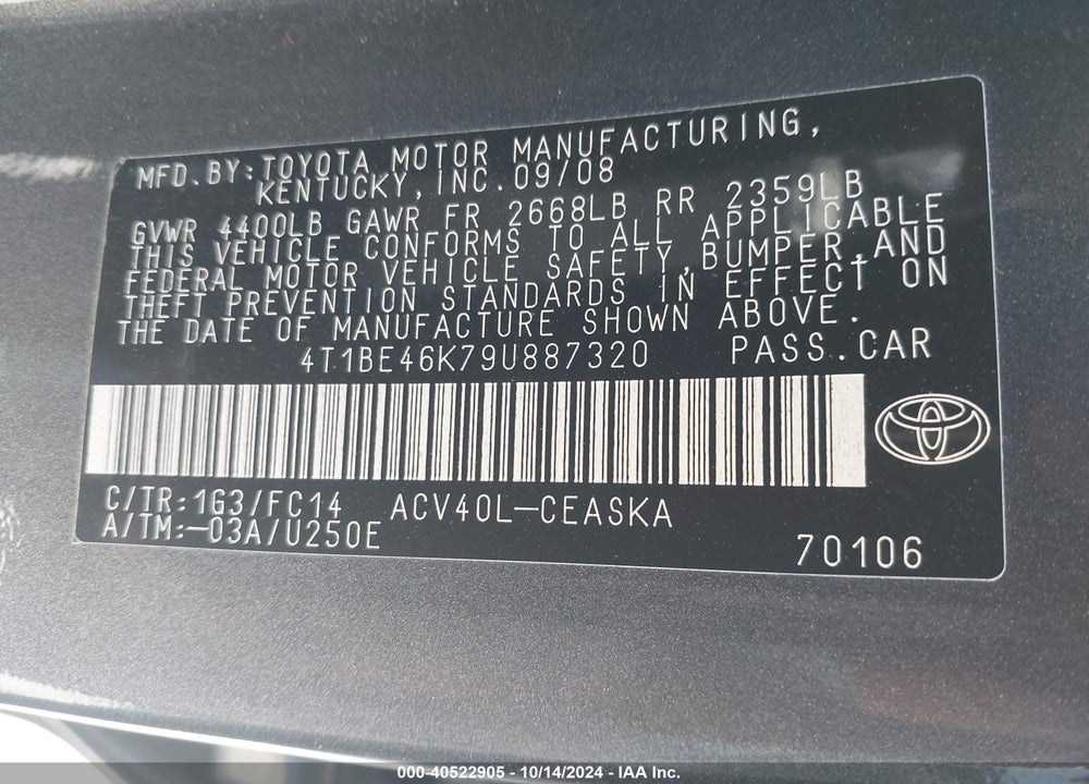 2009 TOYOTA CAMRY SE VIN: 4T1BE46K79U887320