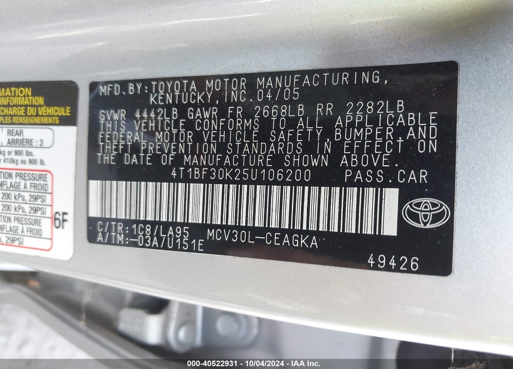 2005 TOYOTA CAMRY XLE V6 VIN: 4T1BF30K25U106200