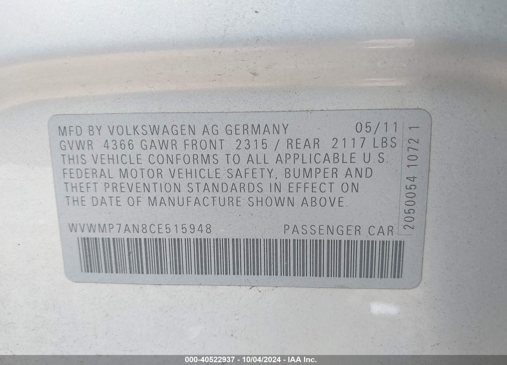 2012 VOLKSWAGEN CC R-LINE/SPORT VIN: WVWMP7AN8CE515948