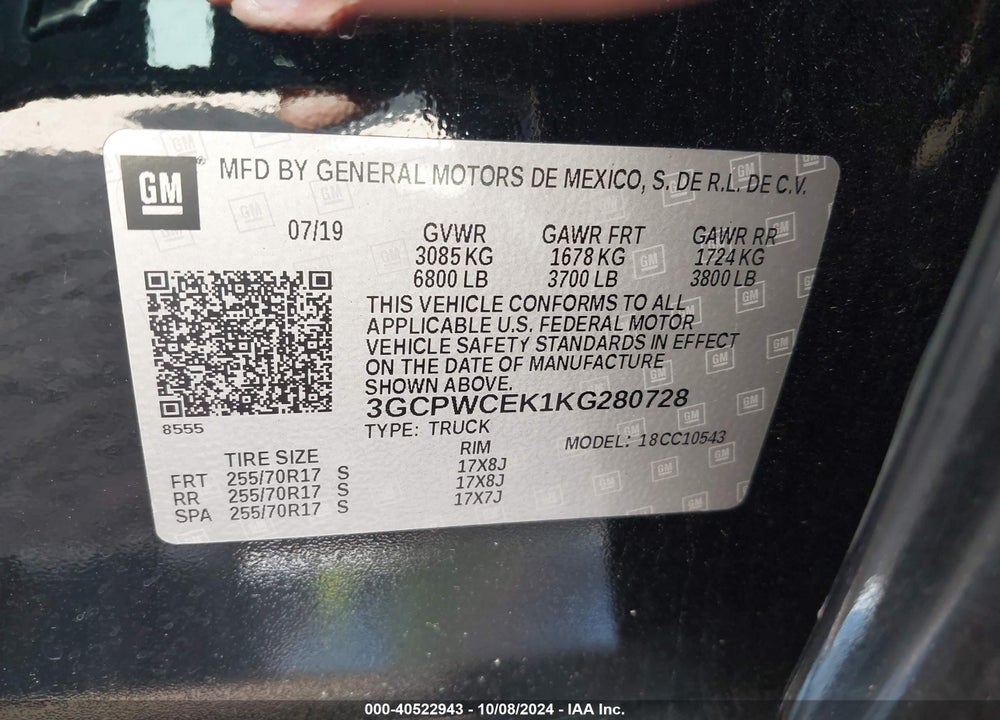 2019 CHEVROLET SILVERADO 1500 LT VIN: 3GCPWCEK1KG280728