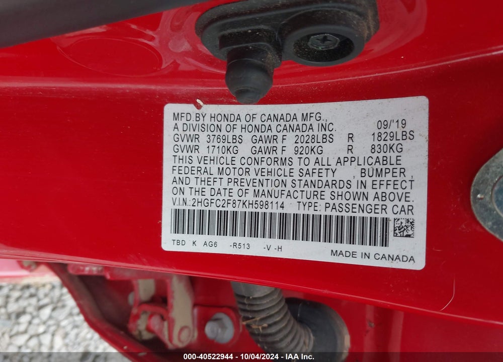 2019 HONDA CIVIC SPORT VIN: 2HGFC2F87KH598114