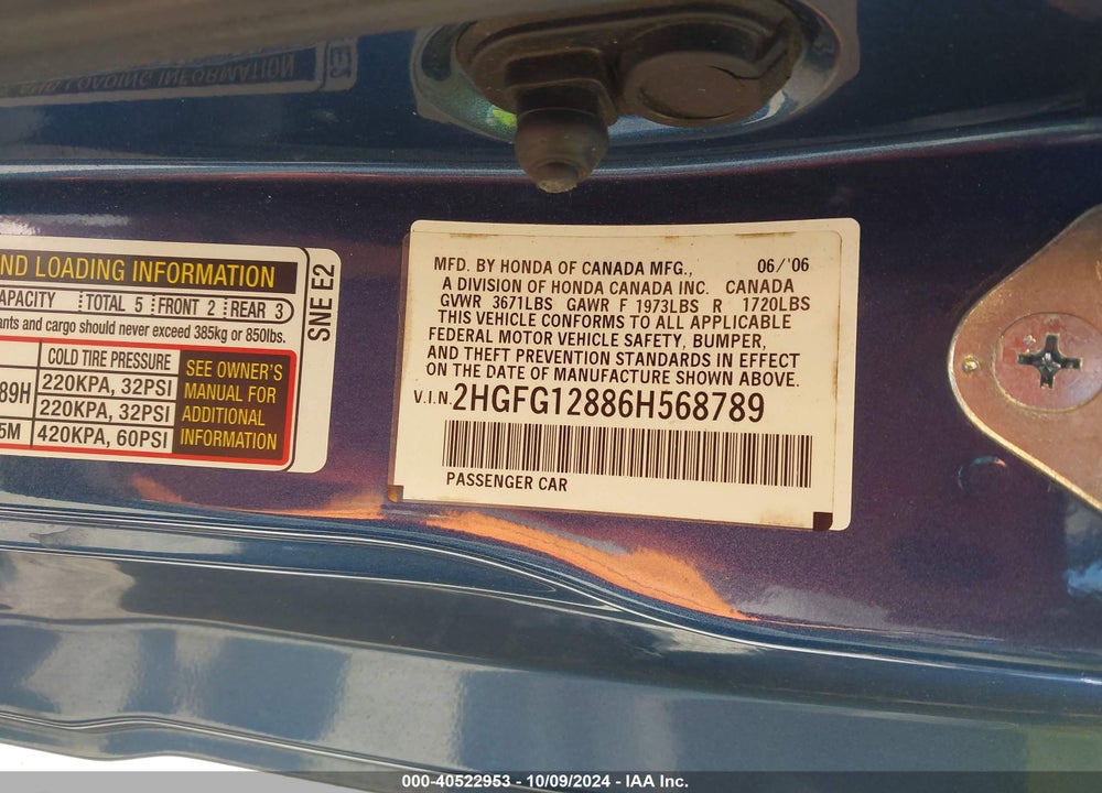 2006 HONDA CIVIC EX VIN: 2HGFG12886H568789