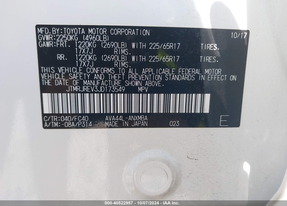 2018 TOYOTA RAV4 HYBRID XLE VIN: JTMRJREV3JD173549