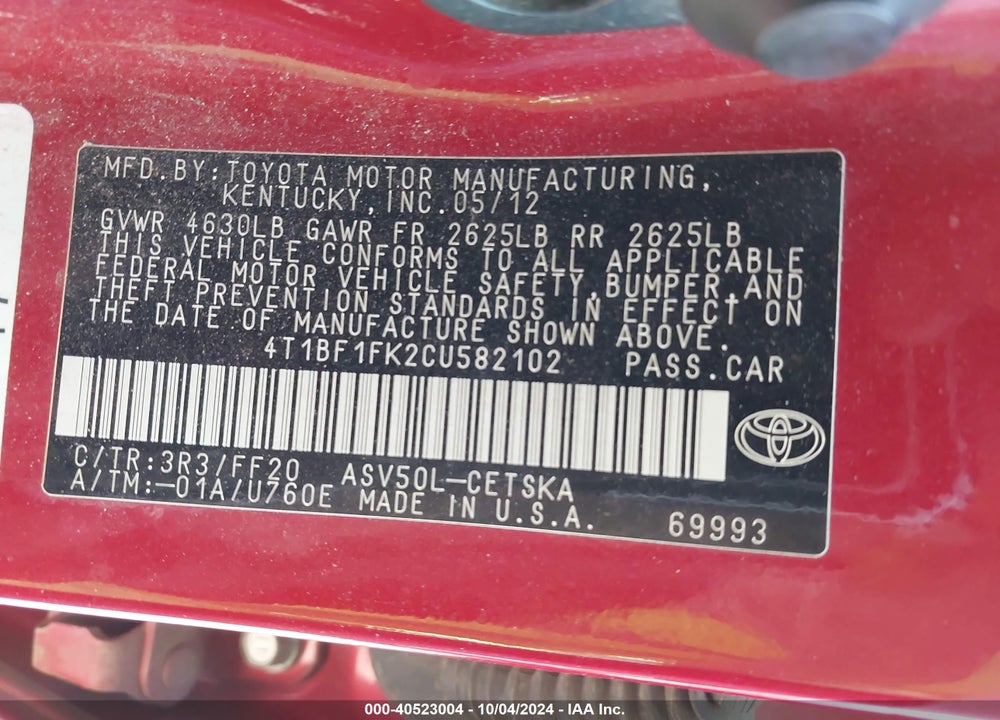 2012 TOYOTA CAMRY SE VIN: 4T1BF1FK2CU582102