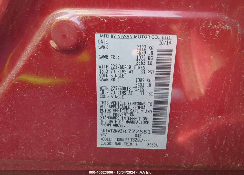 2015 NISSAN ROGUE VIN: 5N1AT2MV2FC772581