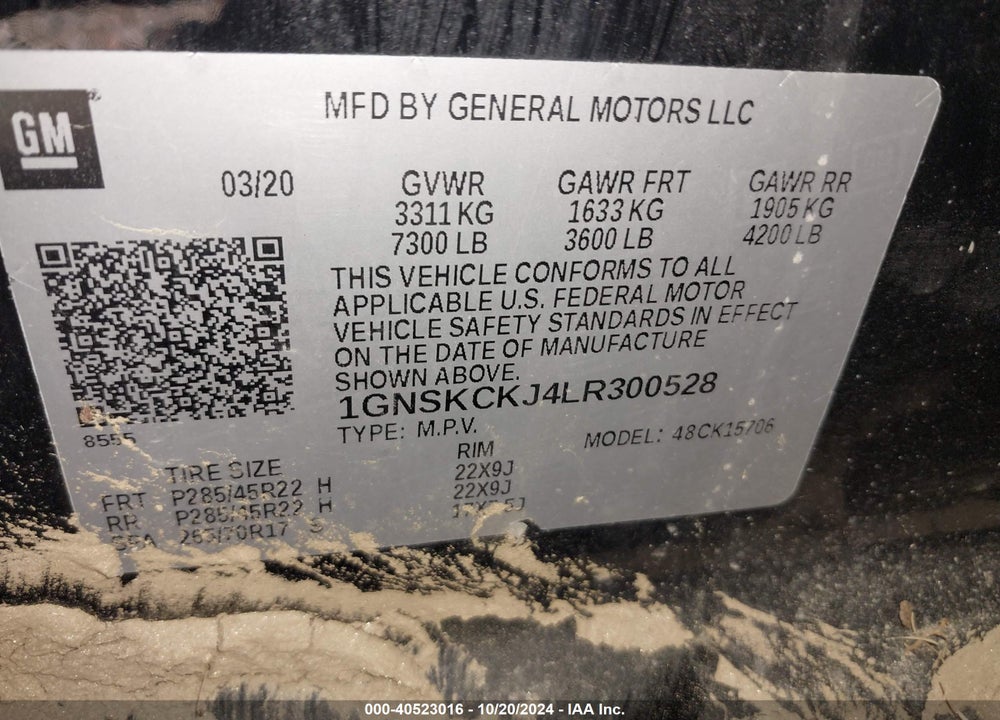 2020 CHEVROLET TAHOE VIN: 1GNSKCKJ4LR300528