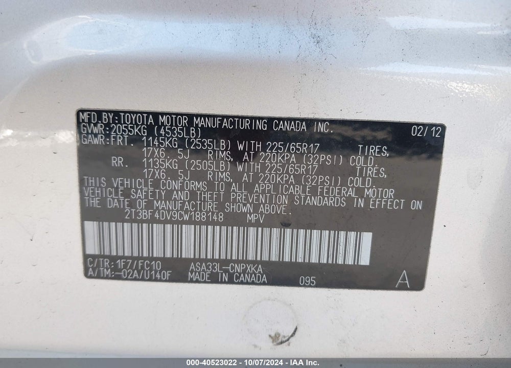2012 TOYOTA RAV4 VIN: 2T3BF4DV9CW188148