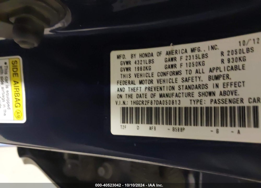 2013 HONDA ACCORD VIN: 1HGCR2F87DA050813