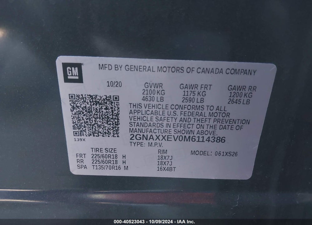 2021 CHEVROLET EQUINOX AWD PREMIER VIN: 2GNAXXEV0M6114386