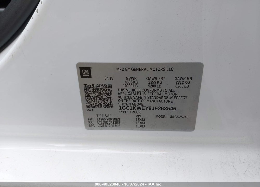 2018 CHEVROLET SILVERADO 2500HD LTZ VIN: 1GC1KWEY8JF263545