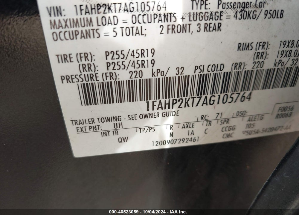 2010 FORD TAURUS SHO VIN: 1FAHP2KT7AG105764