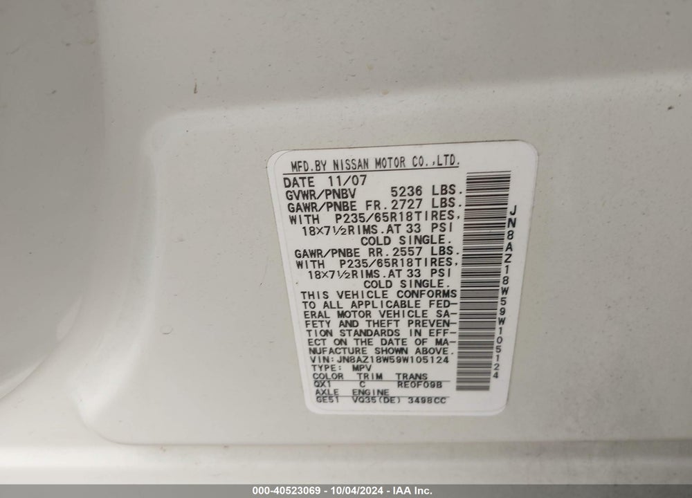 2009 NISSAN MURANO SL VIN: JN8AZ18W59W105124