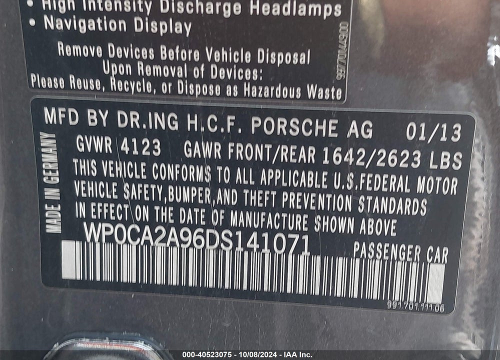 2013 PORSCHE 911 CARRERA VIN: WP0CA2A96DS141071
