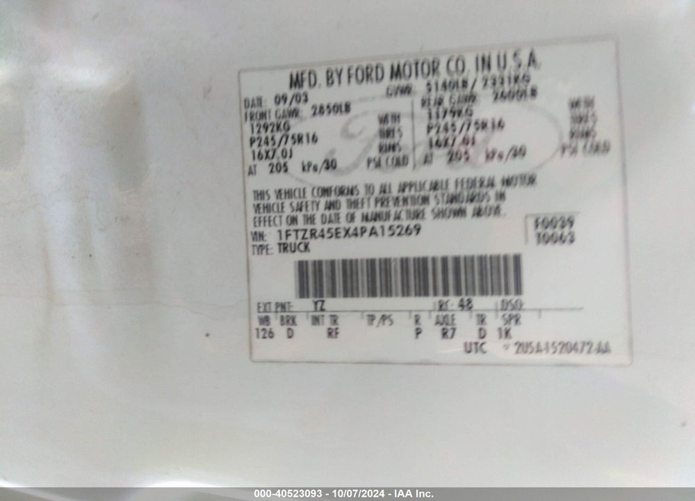 2004 FORD RANGER EDGE/TREMOR/XLT VIN: 1FTZR45EX4PA15269
