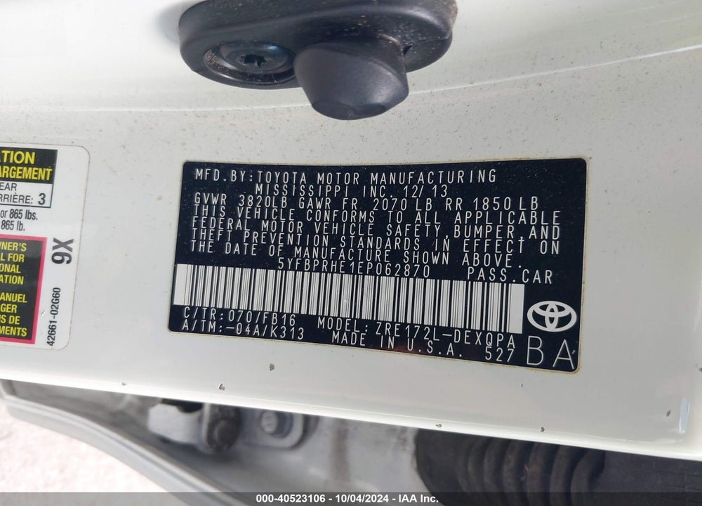 2014 TOYOTA COROLLA LE ECO/LE ECO PLUS/LE ECO PREMIUM VIN: 5YFBPRHE1EP062870