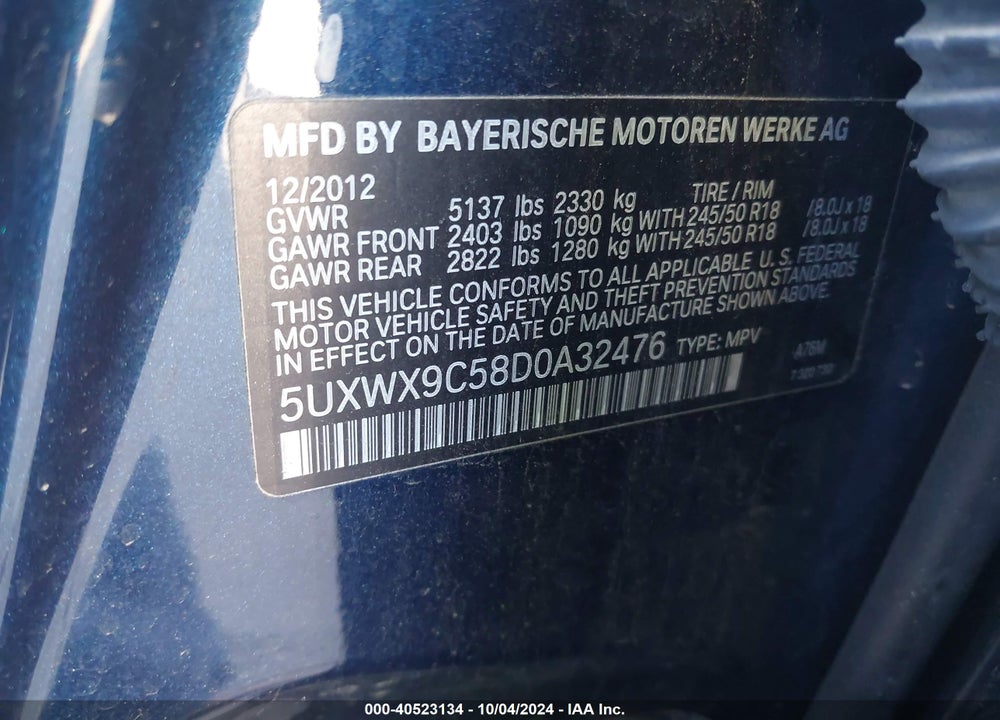 2013 BMW X3 XDRIVE28I VIN: 5UXWX9C58D0A32476