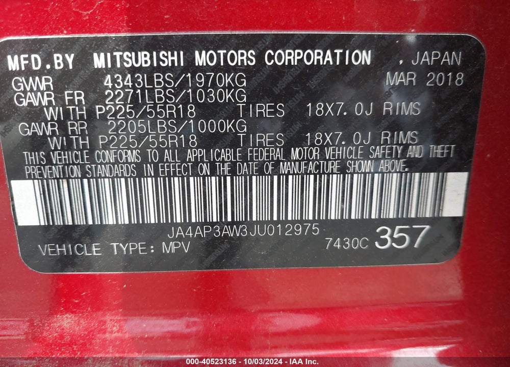 2018 MITSUBISHI OUTLANDER SPORT 2.4 SE VIN: JA4AP3AW3JU012975