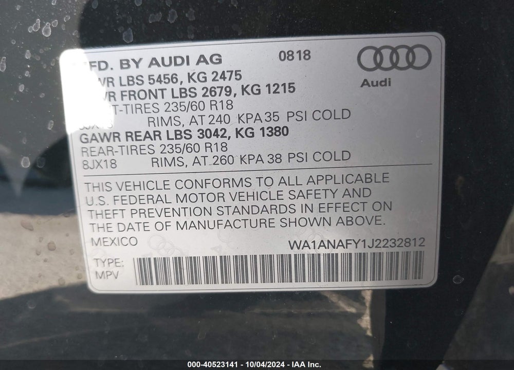 2018 AUDI Q5 2.0T TECH PREMIUM VIN: WA1ANAFY1J2232812
