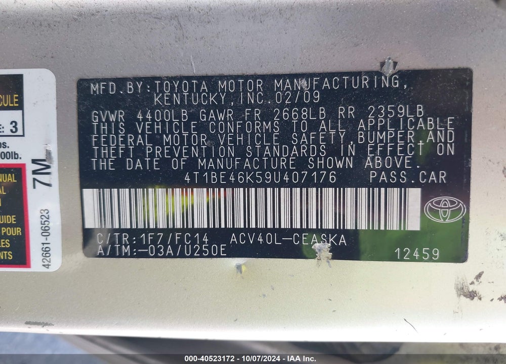2009 TOYOTA CAMRY SE VIN: 4T1BE46K59U407176