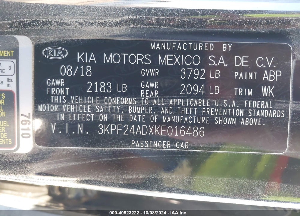 2019 KIA FORTE LXS VIN: 3KPF24ADXKE016486