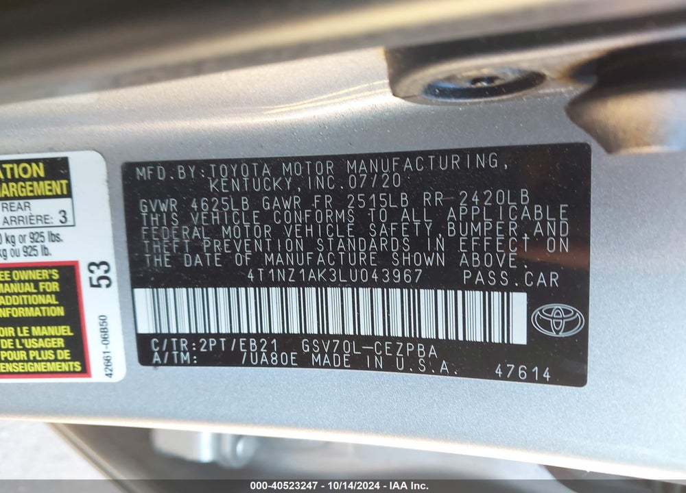 2020 TOYOTA CAMRY TRD VIN: 4T1NZ1AK3LU043967
