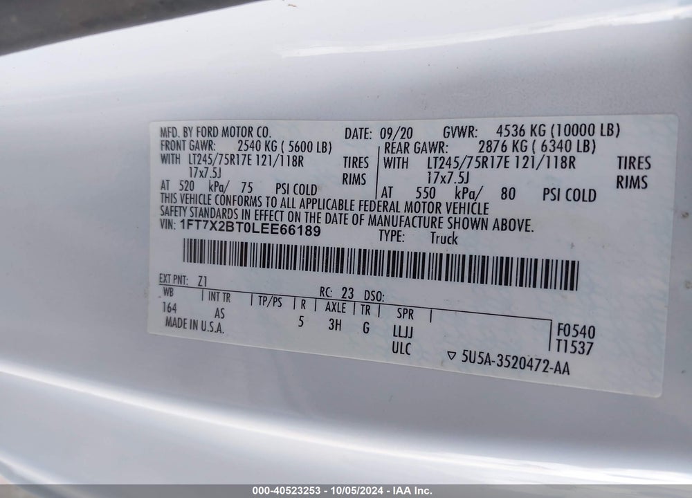 2020 FORD F-250 XL VIN: 1FT7X2BT0LEE66189