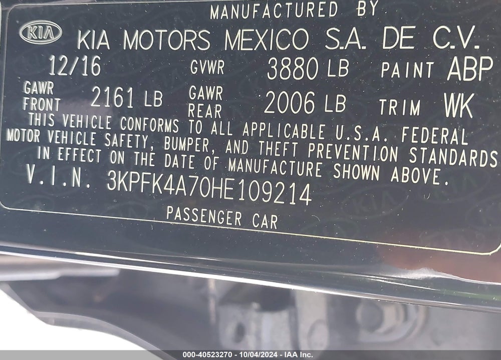 2017 KIA FORTE LX VIN: 3KPFK4A70HE109214