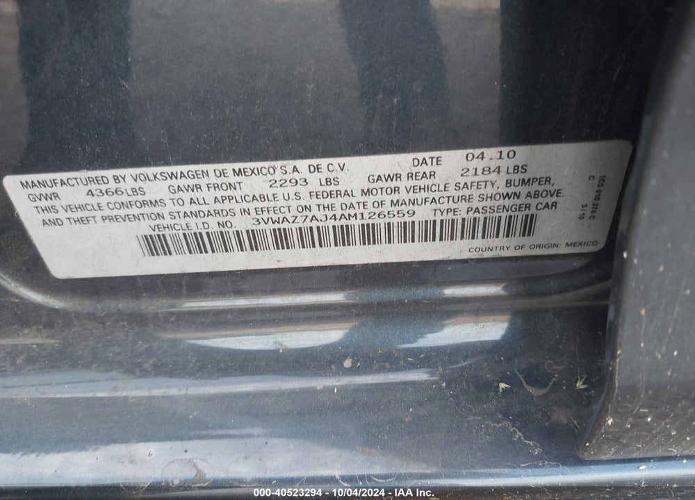 2010 VOLKSWAGEN JETTA LIMITED EDITION VIN: 3VWAZ7AJ4AM126559