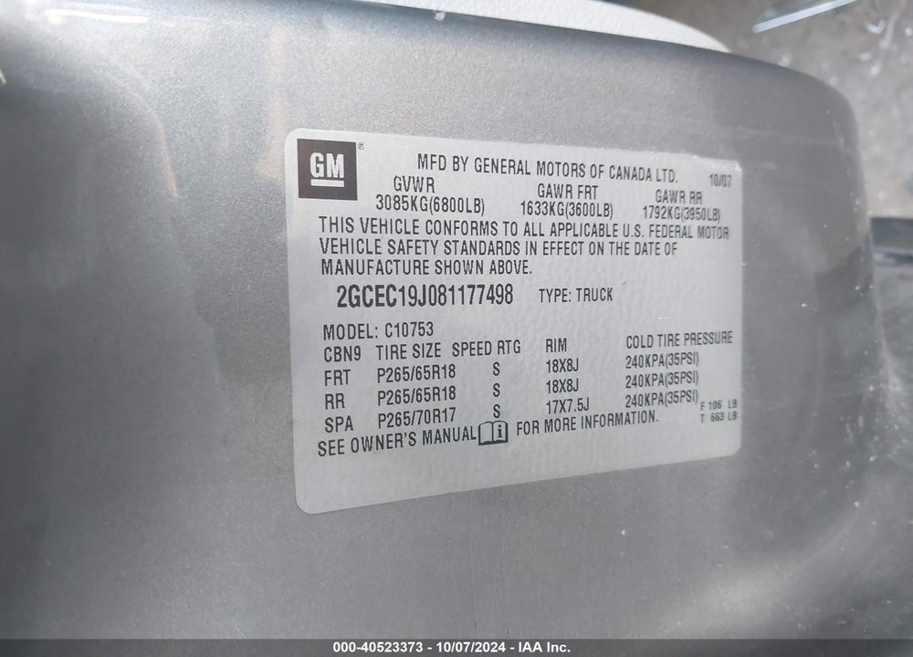 2008 CHEVROLET SILVERADO 1500 LT1 VIN: 2GCEC19J081177498