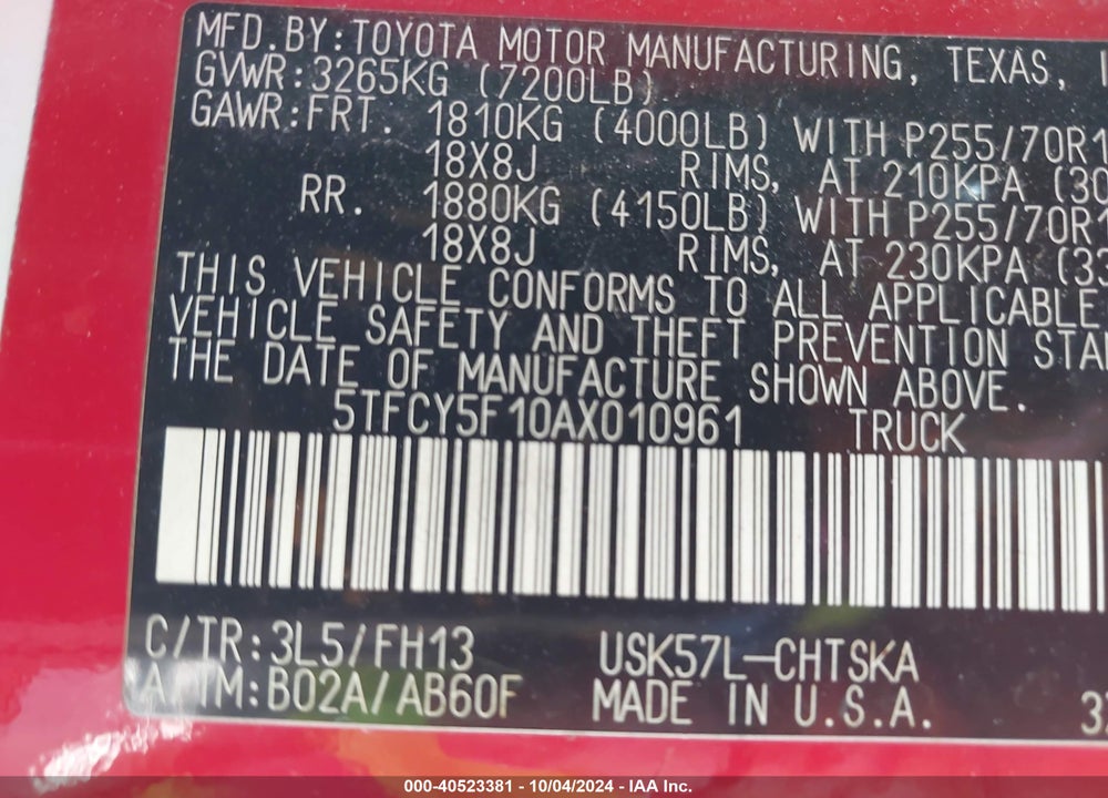 2010 TOYOTA TUNDRA GRADE 5.7L V8 VIN: 5TFCY5F10AX010961