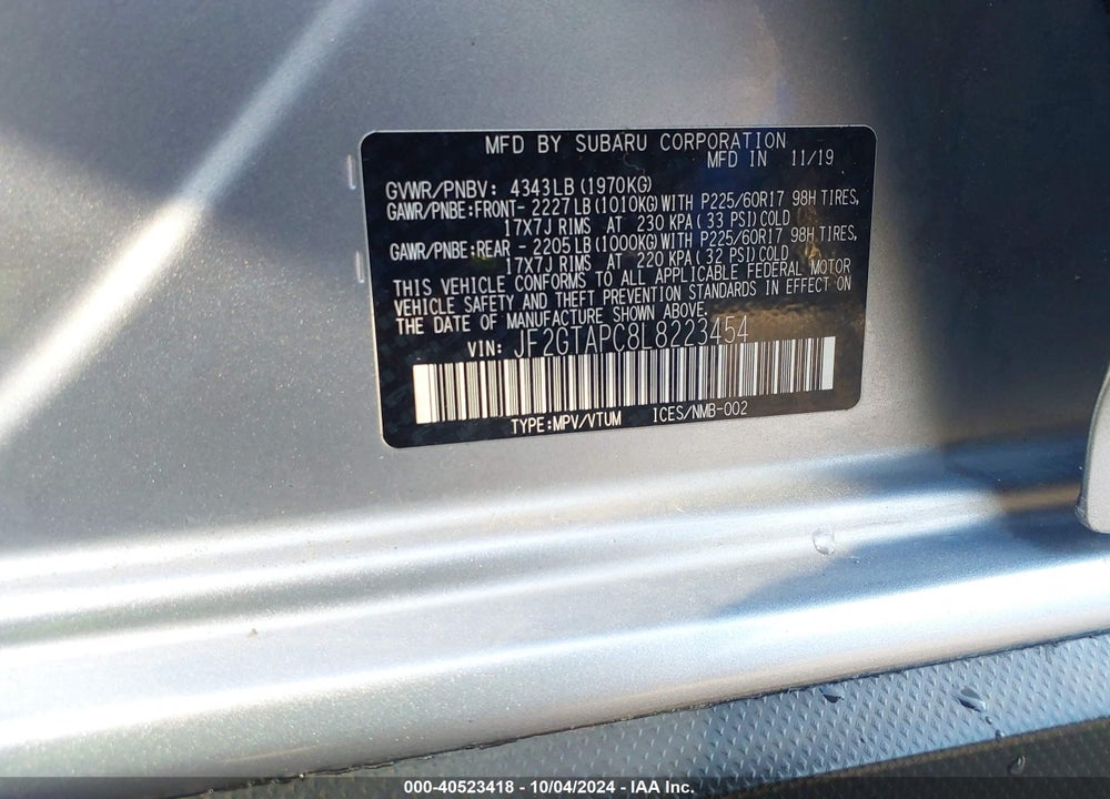 2020 SUBARU CROSSTREK PREMIUM VIN: JF2GTAPC8L8223454