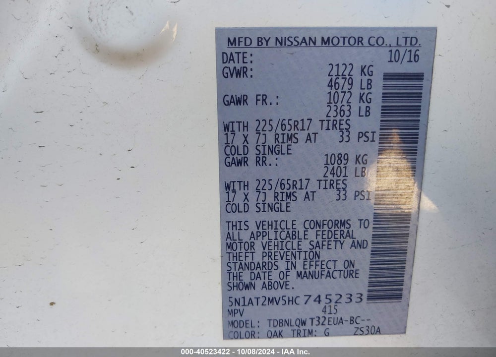 2017 NISSAN ROGUE SV VIN: 5N1AT2MV5HC745233