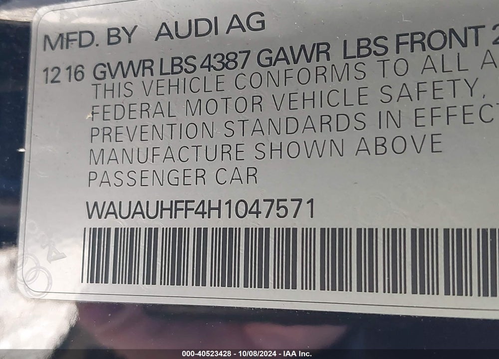 2017 AUDI A3 2.0T PREMIUM VIN: WAUAUHFF4H1047571