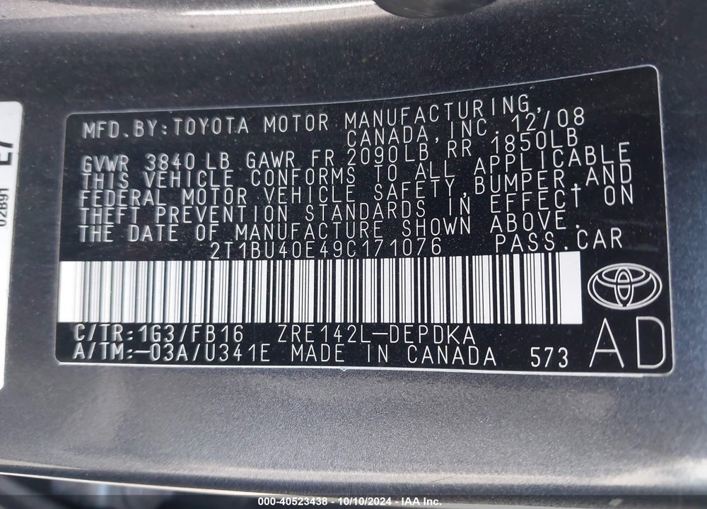 2009 TOYOTA COROLLA VIN: 2T1BU40E49C171076