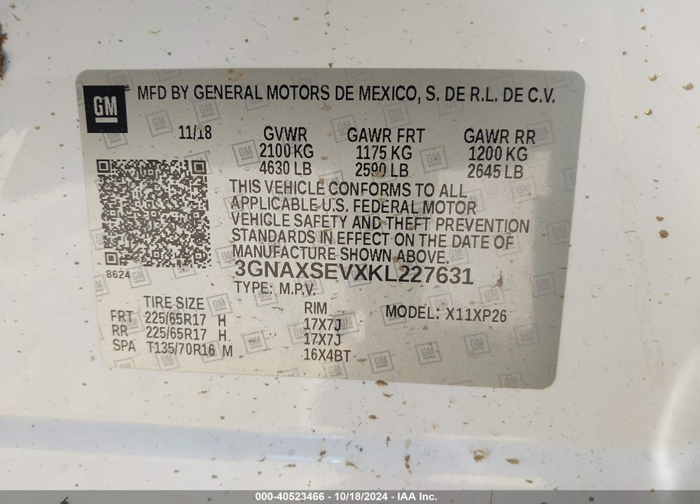 2019 CHEVROLET EQUINOX LS VIN: 3GNAXSEVXKL227631