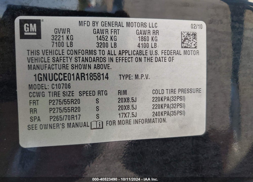 2010 CHEVROLET TAHOE LTZ VIN: 1GNUCCE01AR185814