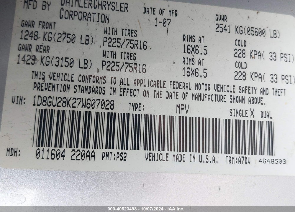 2007 DODGE NITRO SXT VIN: 1D8GU28K27W607028