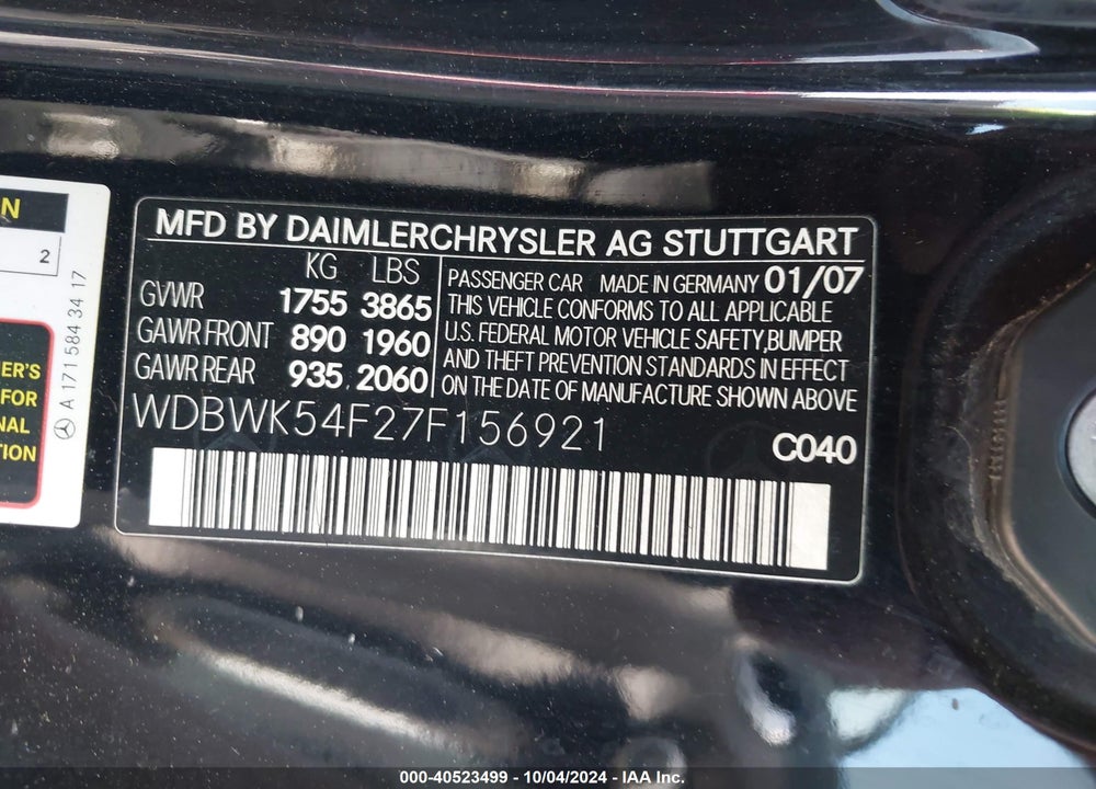 2007 MERCEDES-BENZ SLK 280 VIN: WDBWK54F27F156921