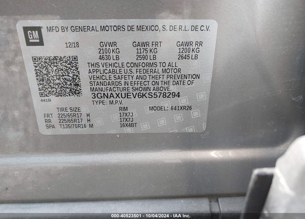2019 CHEVROLET EQUINOX LT VIN: 3GNAXUEV6KS578294