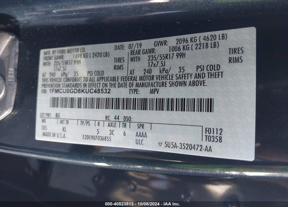 2019 FORD ESCAPE SE VIN: 1FMCU0GD8KUC48532