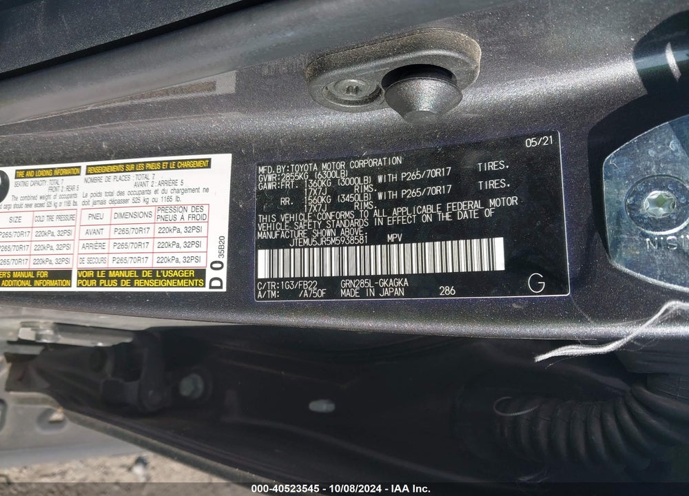 2021 TOYOTA 4RUNNER SR5 VIN: JTEMU5JR5M5938581