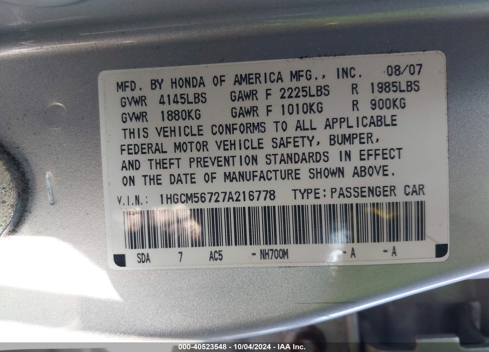 2007 HONDA ACCORD 2.4 EX VIN: 1HGCM56727A216778