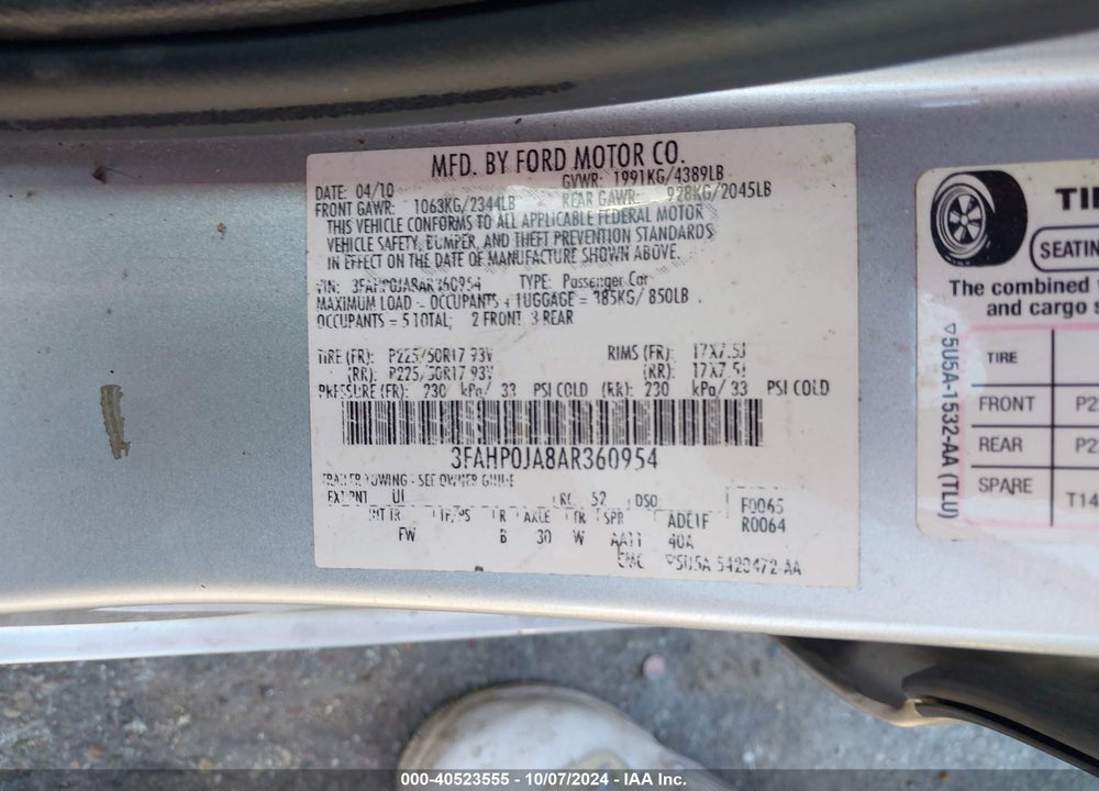 2010 FORD FUSION SEL VIN: 3FAHP0JA8AR360954